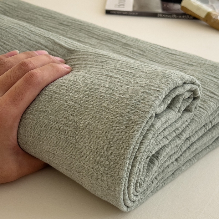 91家纺网 家纺一手货源 找家纺 席世家 2026新款纯色皱皱纱床单 森林绿