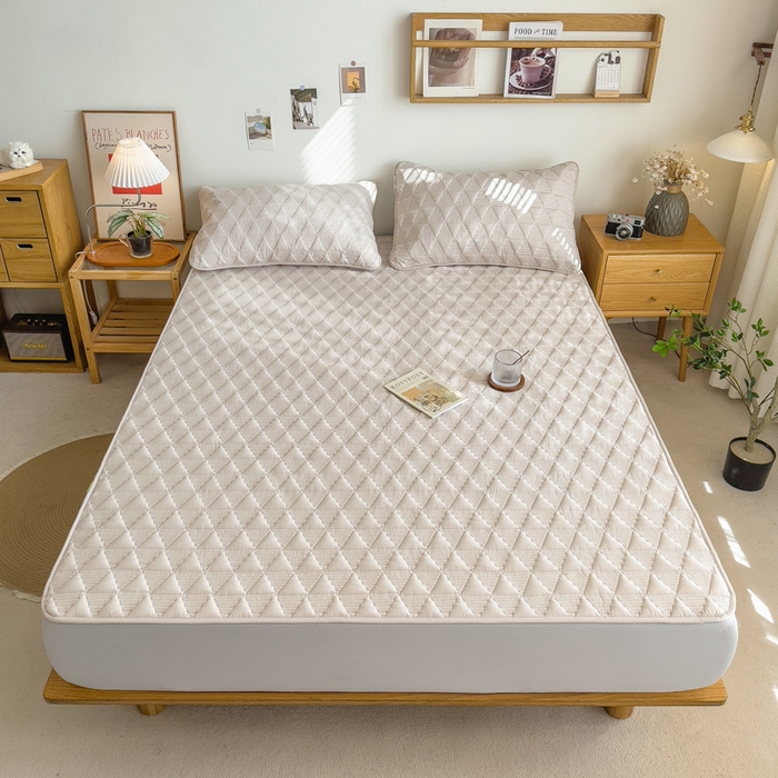 91家纺网 家纺一手货源 找家纺 席世家 2026新款全棉抗菌大豆防水床笠 菱格米咖