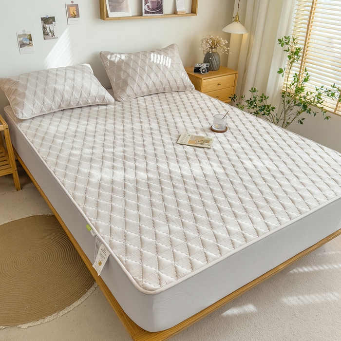 91家纺网 家纺一手货源 找家纺 席世家 2026新款全棉抗菌大豆防水床笠 菱格米咖