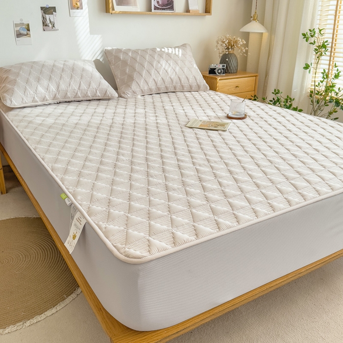 91家纺网 家纺一手货源 找家纺 席世家 2026新款全棉抗菌大豆防水床笠 菱格米咖