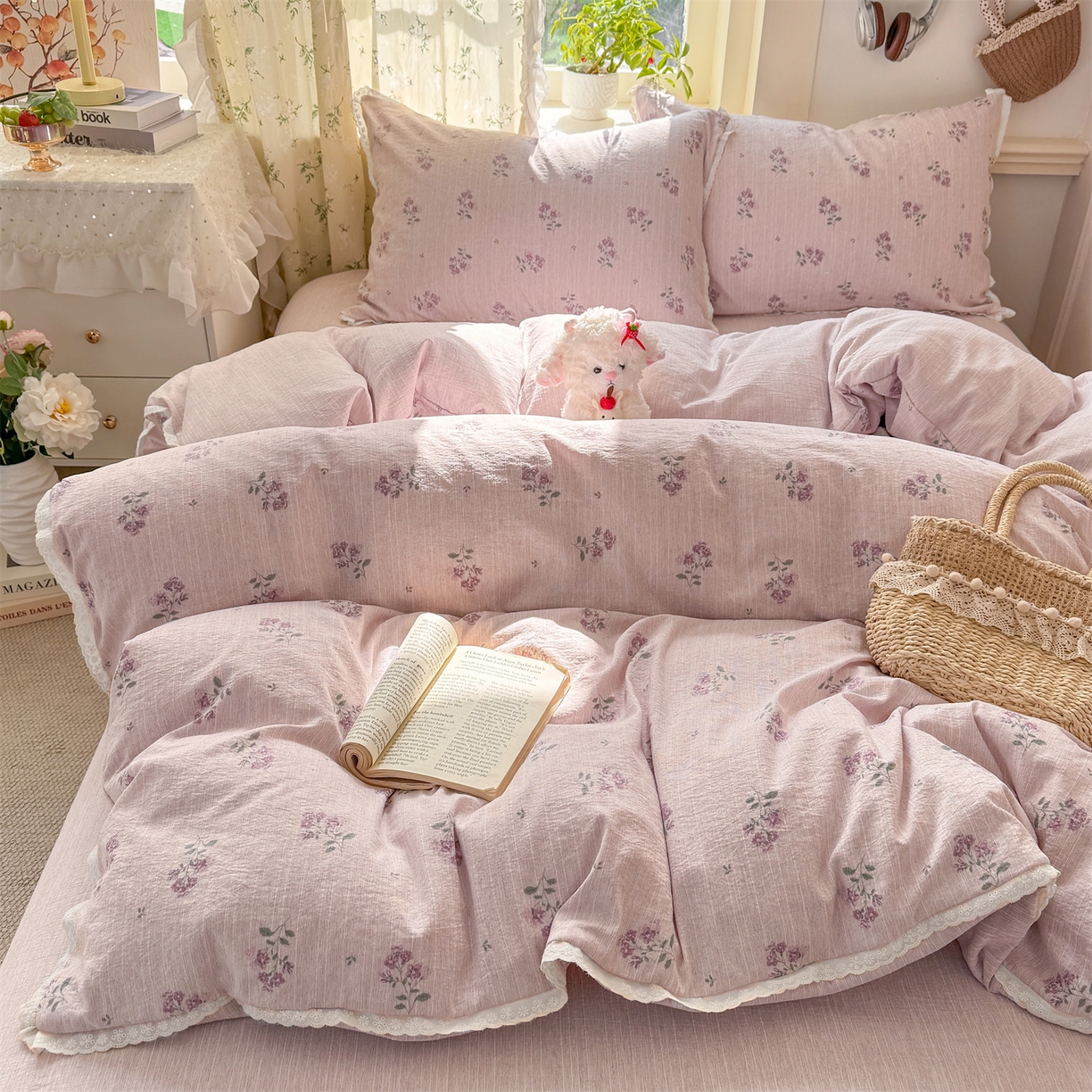 91家纺网 家纺一手货源 找家纺 （总）优贝家纺 2026春夏新款韩系小花边高克重加厚色织提花韩版四件套