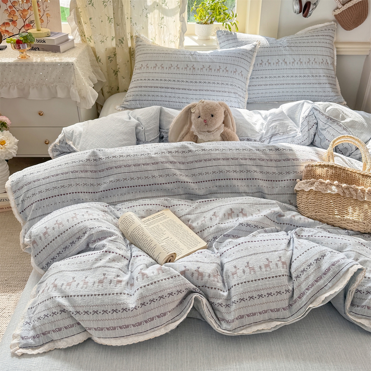 91家纺网 家纺一手货源 找家纺 （总）优贝家纺 2026春夏新款韩系小花边高克重加厚色织提花韩版四件套