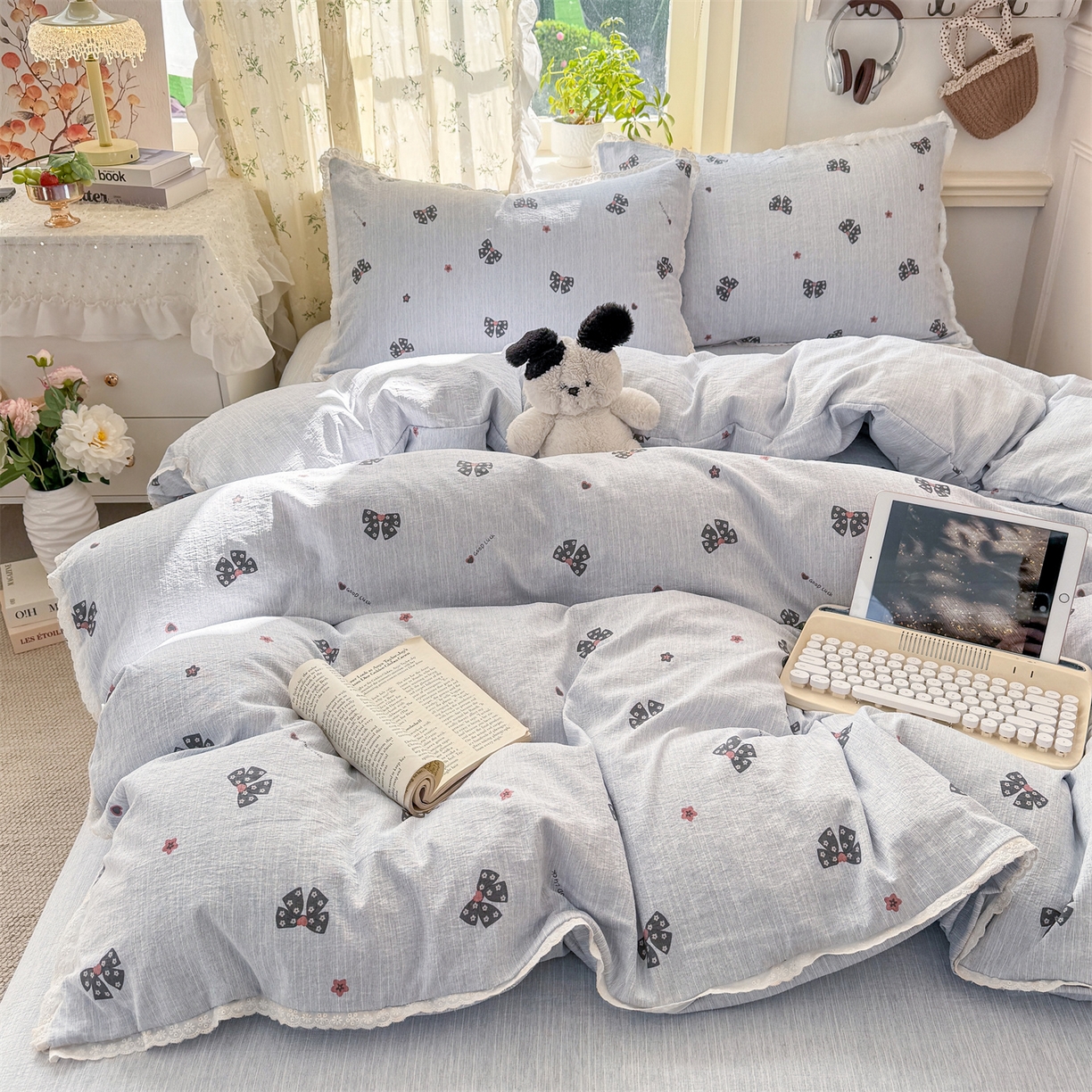 91家纺网 家纺一手货源 找家纺 （总）优贝家纺 2026春夏新款韩系小花边高克重加厚色织提花韩版四件套