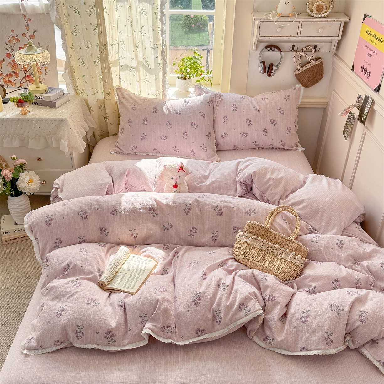 91家纺网 家纺一手货源 找家纺 （总）优贝家纺 2026春夏新款韩系小花边高克重加厚色织提花韩版四件套