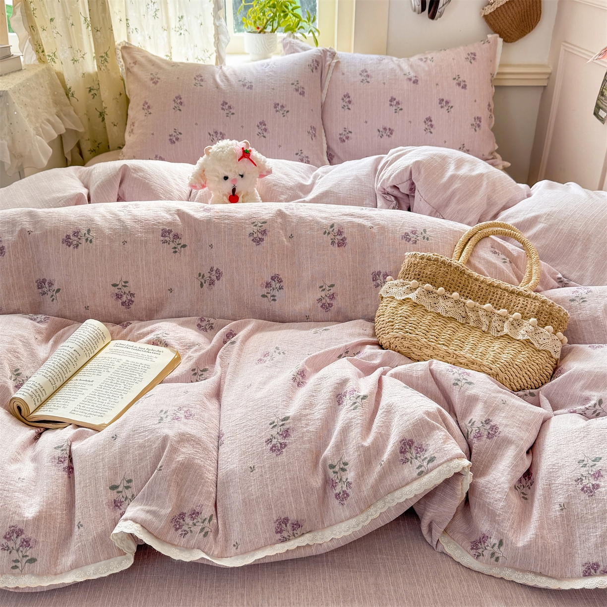 91家纺网 家纺一手货源 找家纺 （总）优贝家纺 2026春夏新款韩系小花边高克重加厚色织提花韩版四件套