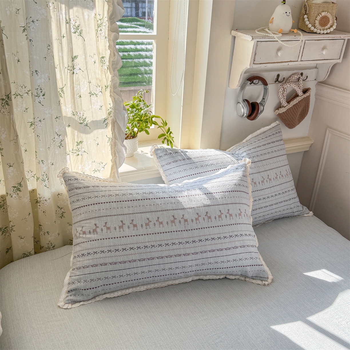 91家纺网 家纺一手货源 找家纺 优贝家纺 2026春夏新款韩系小花边高克重加厚色织提花韩版四件套 花间小鹿