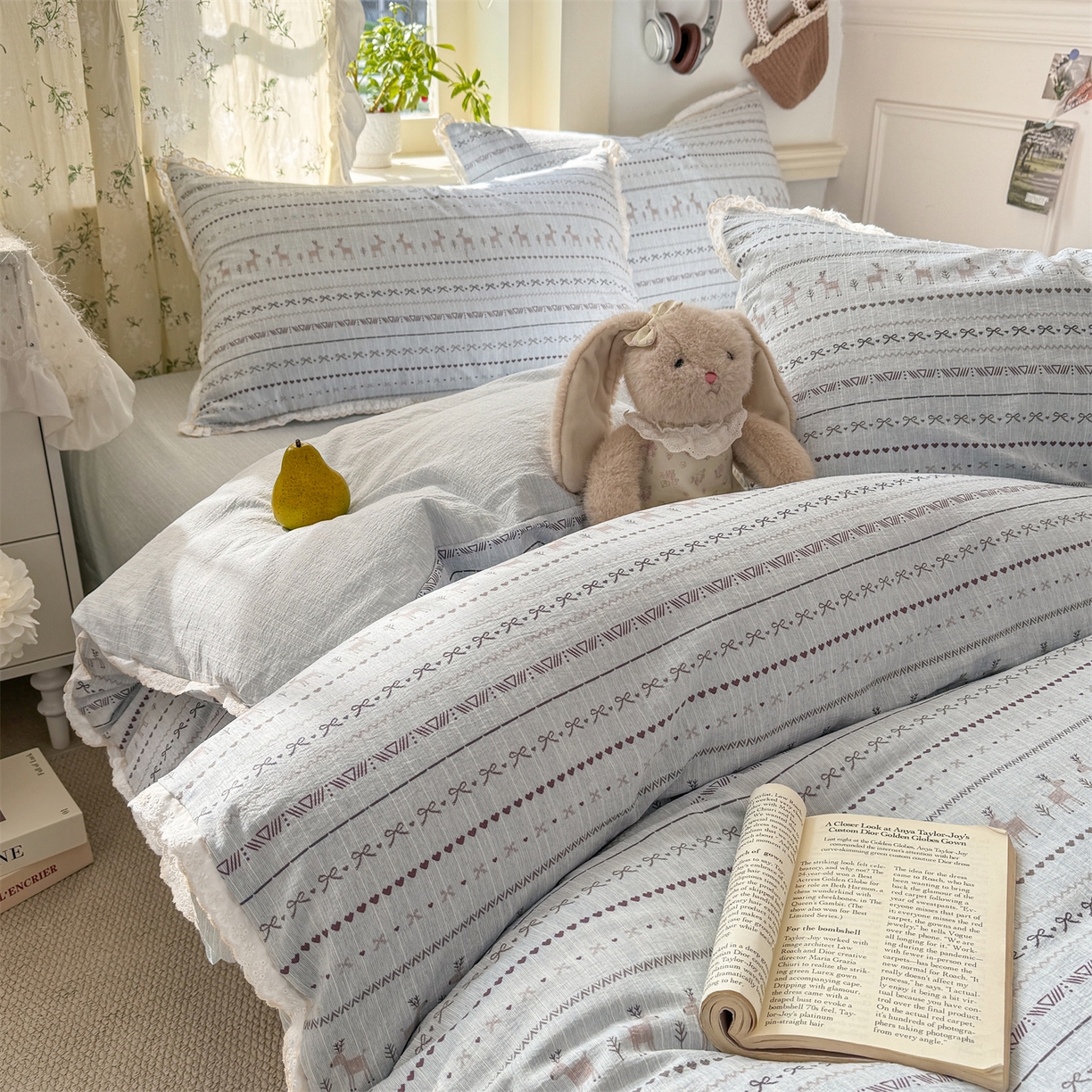 91家纺网 家纺一手货源 找家纺 优贝家纺 2026春夏新款韩系小花边高克重加厚色织提花韩版四件套 花间小鹿