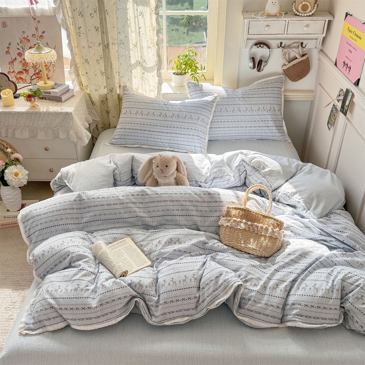 91家纺网 家纺一手货源 找家纺 优贝家纺 2026春夏新款韩系小花边高克重加厚色织提花韩版四件套 花间小鹿