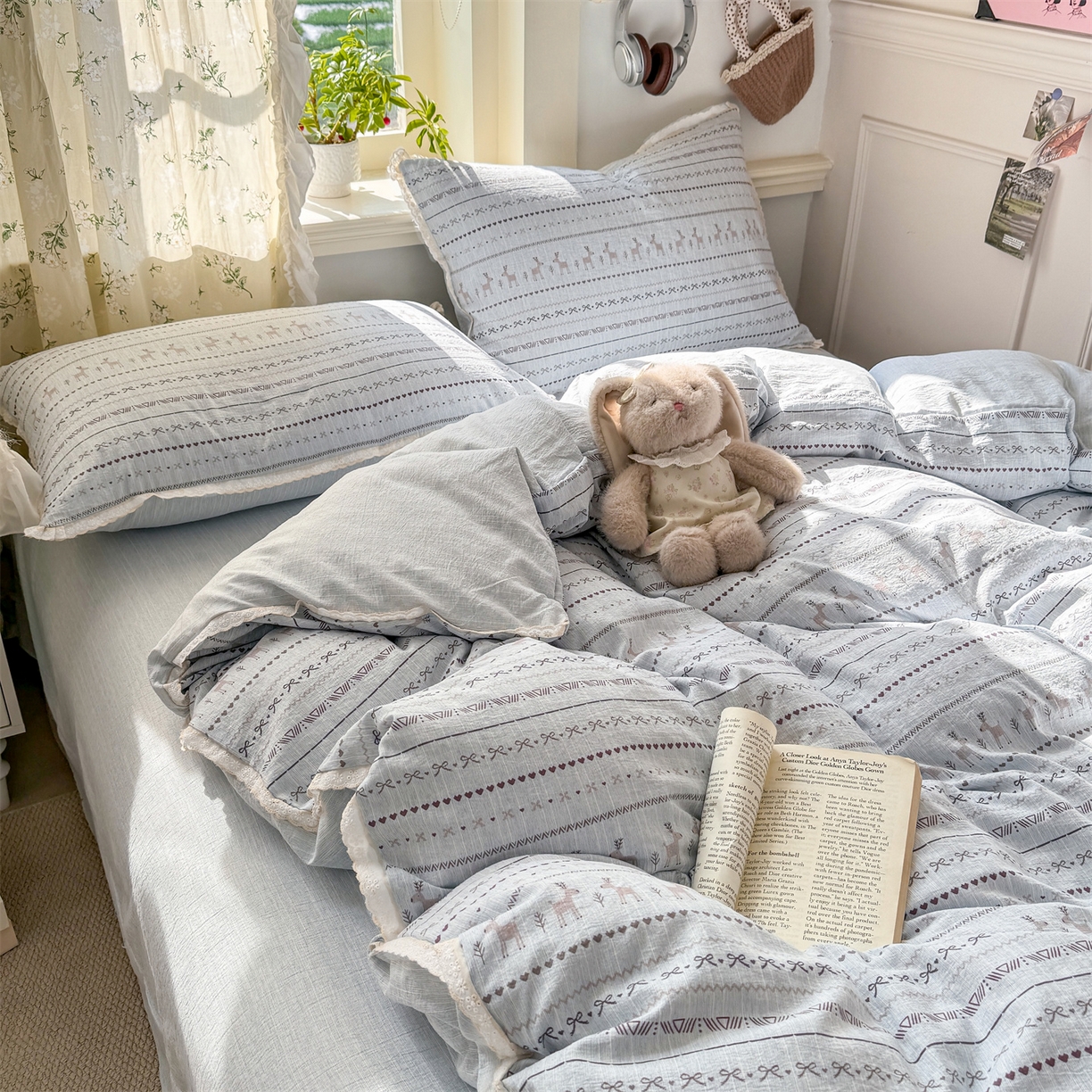 91家纺网 家纺一手货源 找家纺 优贝家纺 2026春夏新款韩系小花边高克重加厚色织提花韩版四件套 花间小鹿