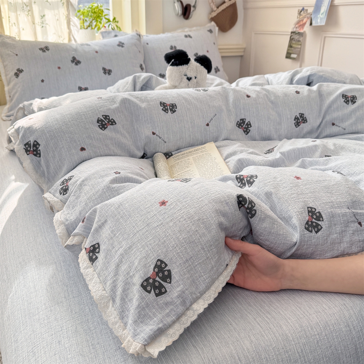 91家纺网 家纺一手货源 找家纺 优贝家纺 2026春夏新款韩系小花边高克重加厚色织提花韩版四件套 浪漫蝴蝶结