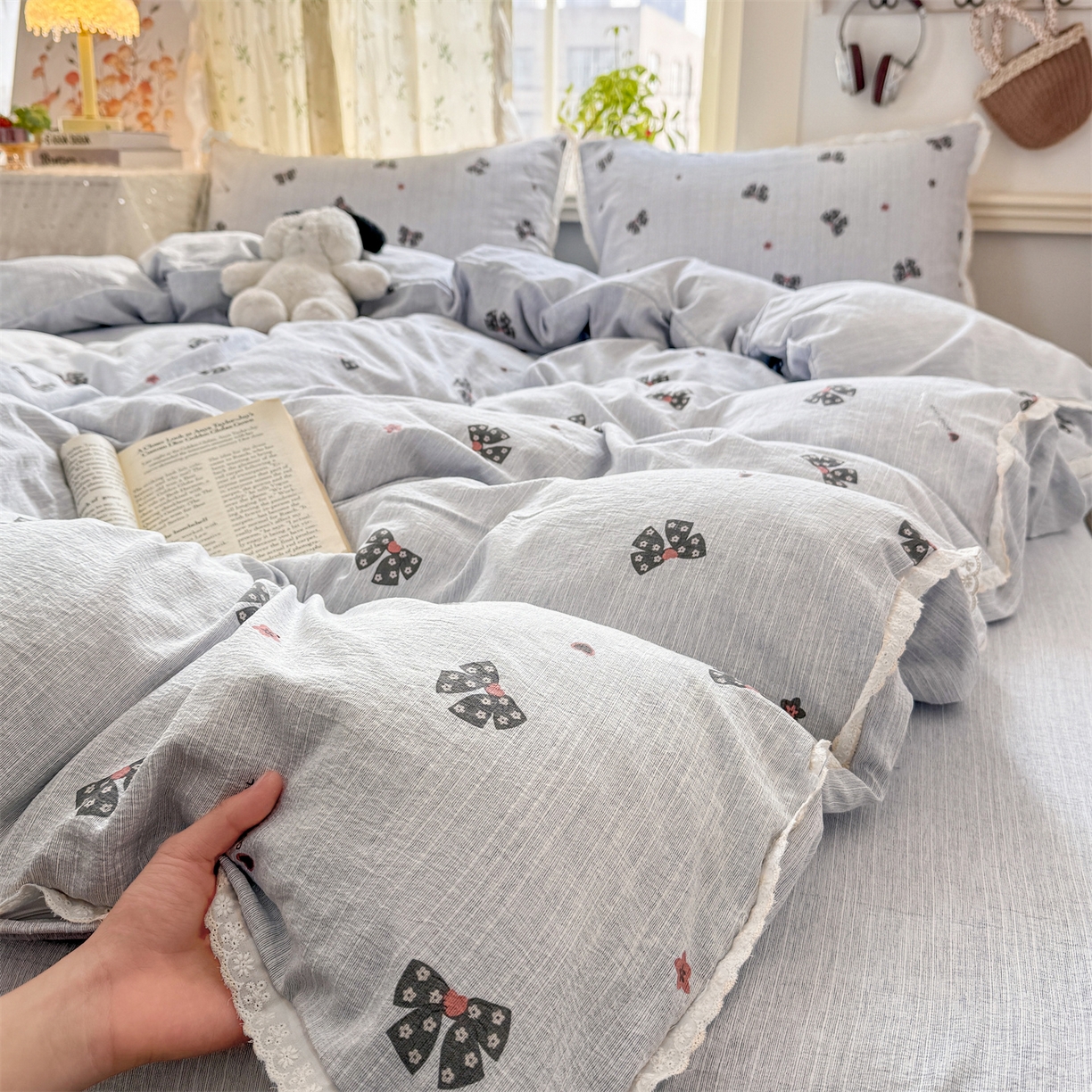 91家纺网 家纺一手货源 找家纺 优贝家纺 2026春夏新款韩系小花边高克重加厚色织提花韩版四件套 浪漫蝴蝶结