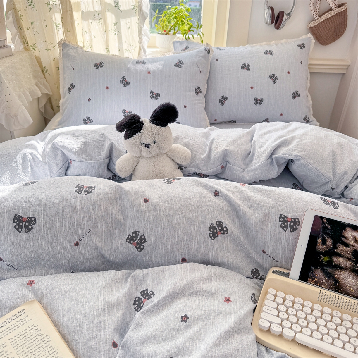 91家纺网 家纺一手货源 找家纺 优贝家纺 2026春夏新款韩系小花边高克重加厚色织提花韩版四件套 浪漫蝴蝶结