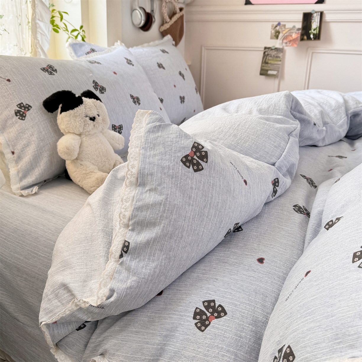 91家纺网 家纺一手货源 找家纺 优贝家纺 2026春夏新款韩系小花边高克重加厚色织提花韩版四件套 浪漫蝴蝶结