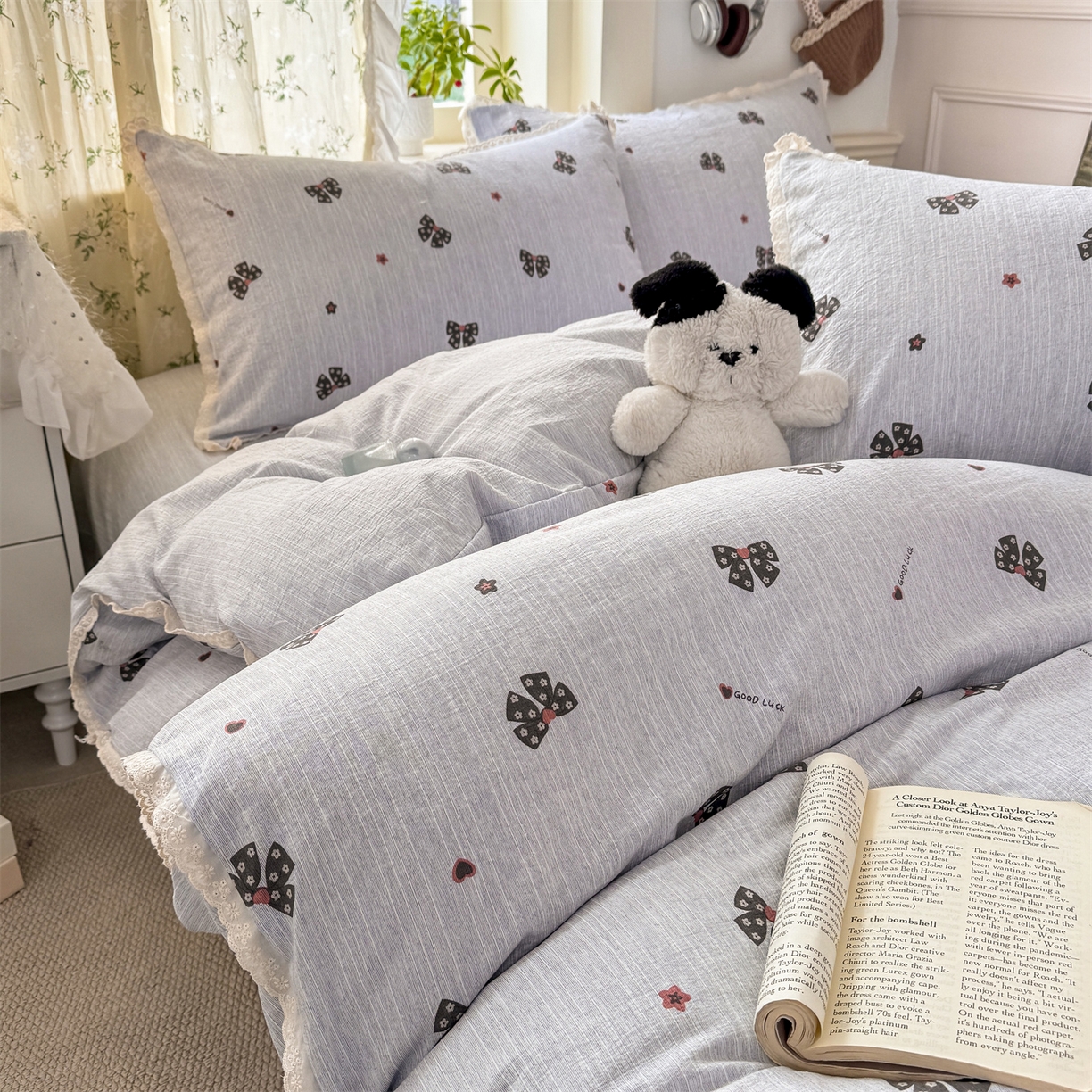 91家纺网 家纺一手货源 找家纺 优贝家纺 2026春夏新款韩系小花边高克重加厚色织提花韩版四件套 浪漫蝴蝶结