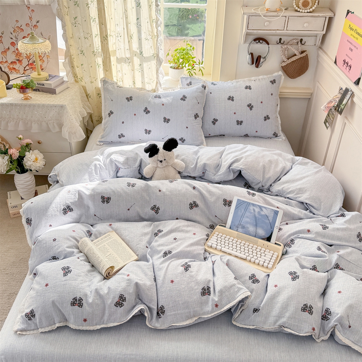 91家纺网 家纺一手货源 找家纺 优贝家纺 2026春夏新款韩系小花边高克重加厚色织提花韩版四件套 浪漫蝴蝶结