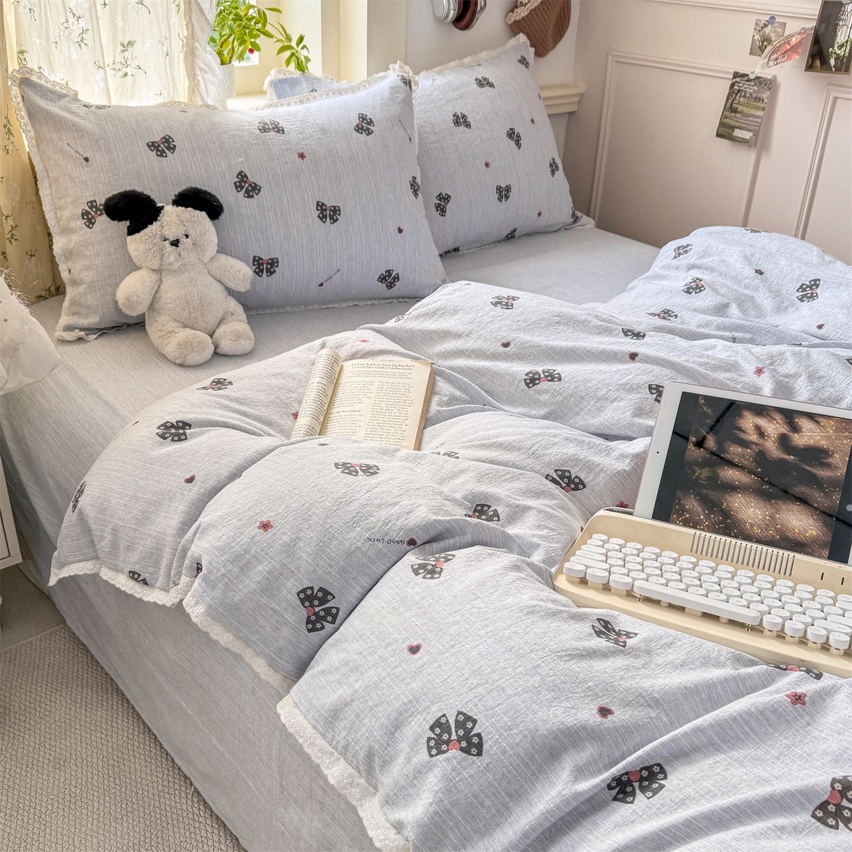 91家纺网 家纺一手货源 找家纺 优贝家纺 2026春夏新款韩系小花边高克重加厚色织提花韩版四件套 浪漫蝴蝶结