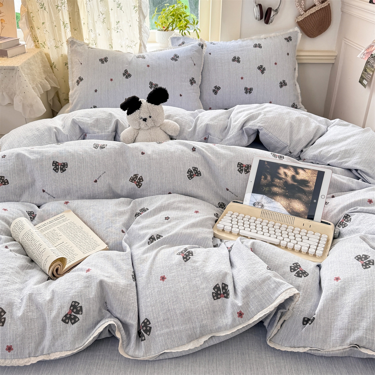 91家纺网 家纺一手货源 找家纺 优贝家纺 2026春夏新款韩系小花边高克重加厚色织提花韩版四件套 浪漫蝴蝶结