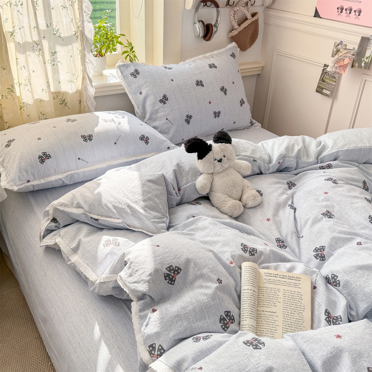 91家纺网 家纺一手货源 找家纺 优贝家纺 2026春夏新款韩系小花边高克重加厚色织提花韩版四件套 浪漫蝴蝶结