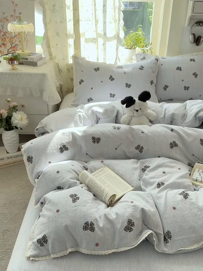 91家纺网 家纺一手货源 找家纺 优贝家纺 2026春夏新款韩系小花边高克重加厚色织提花韩版四件套 浪漫蝴蝶结