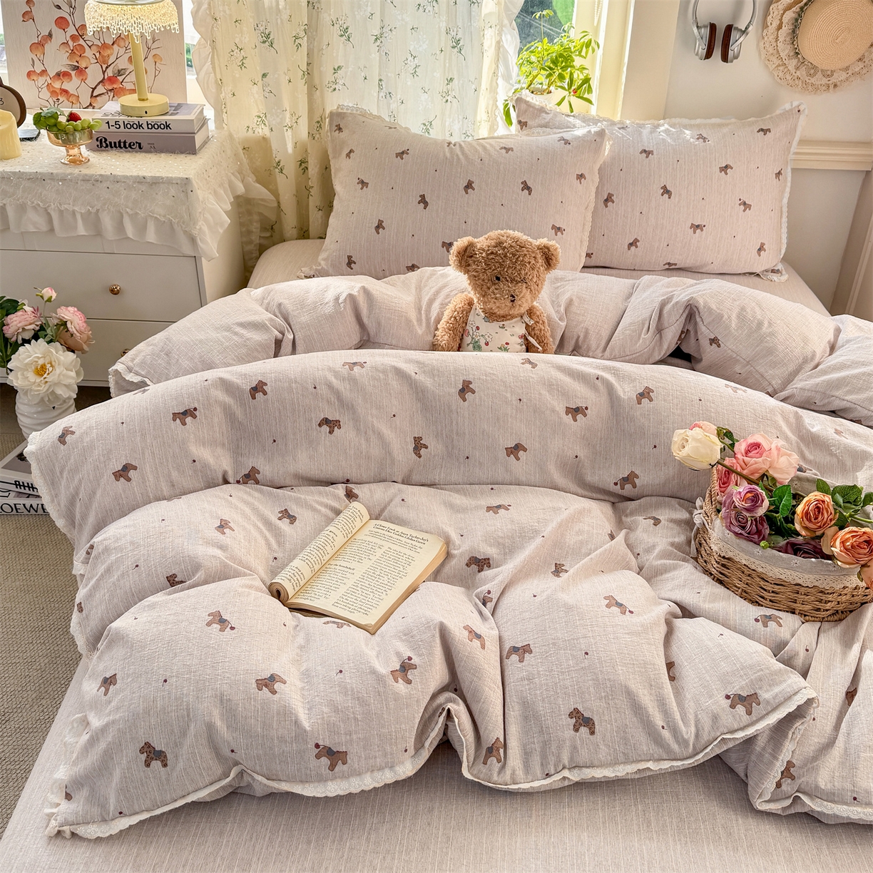 优贝家纺 2026春夏新款韩系小花边高克重加厚色织提花韩版四件套 童趣小马