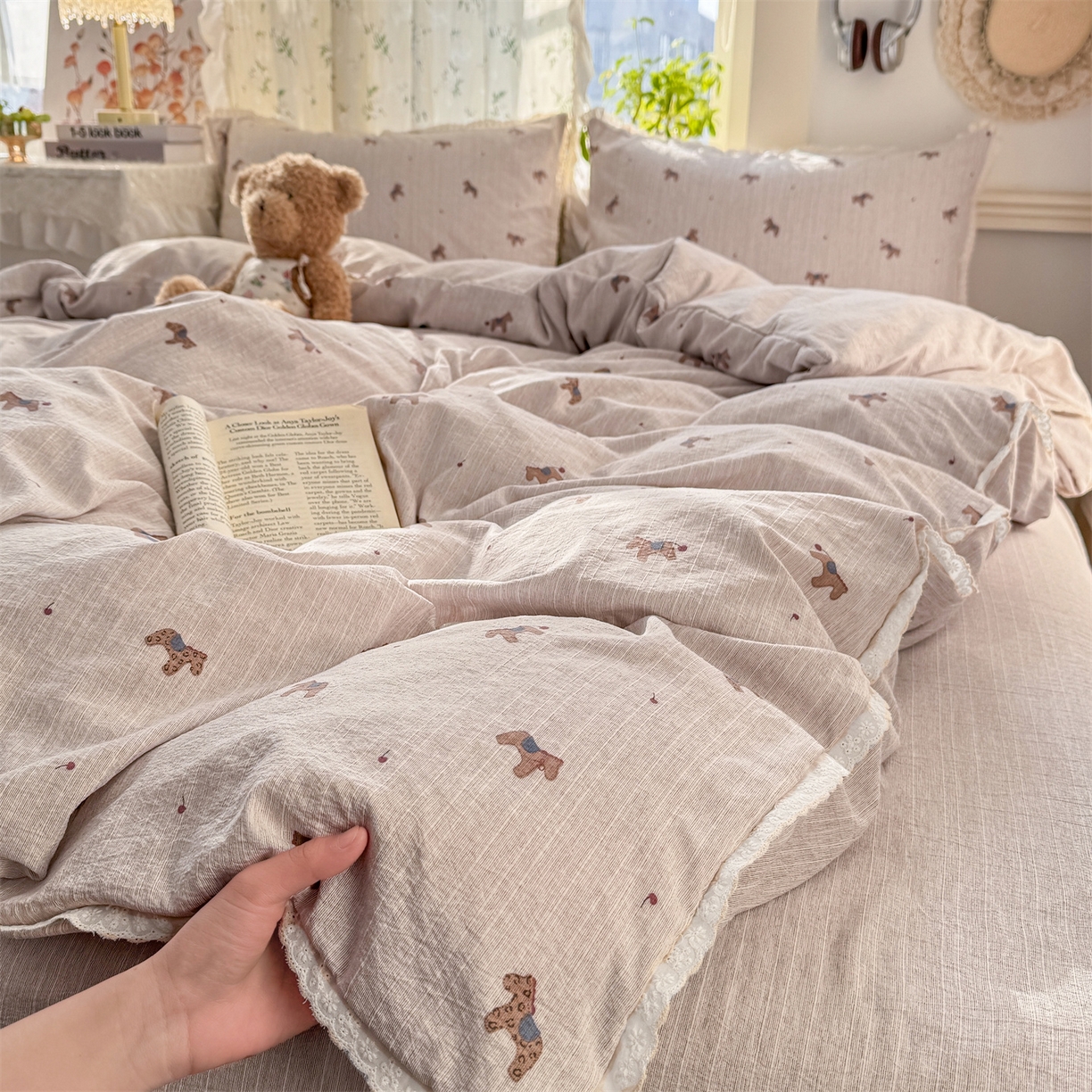 91家纺网 家纺一手货源 找家纺 优贝家纺 2026春夏新款韩系小花边高克重加厚色织提花韩版四件套 童趣小马