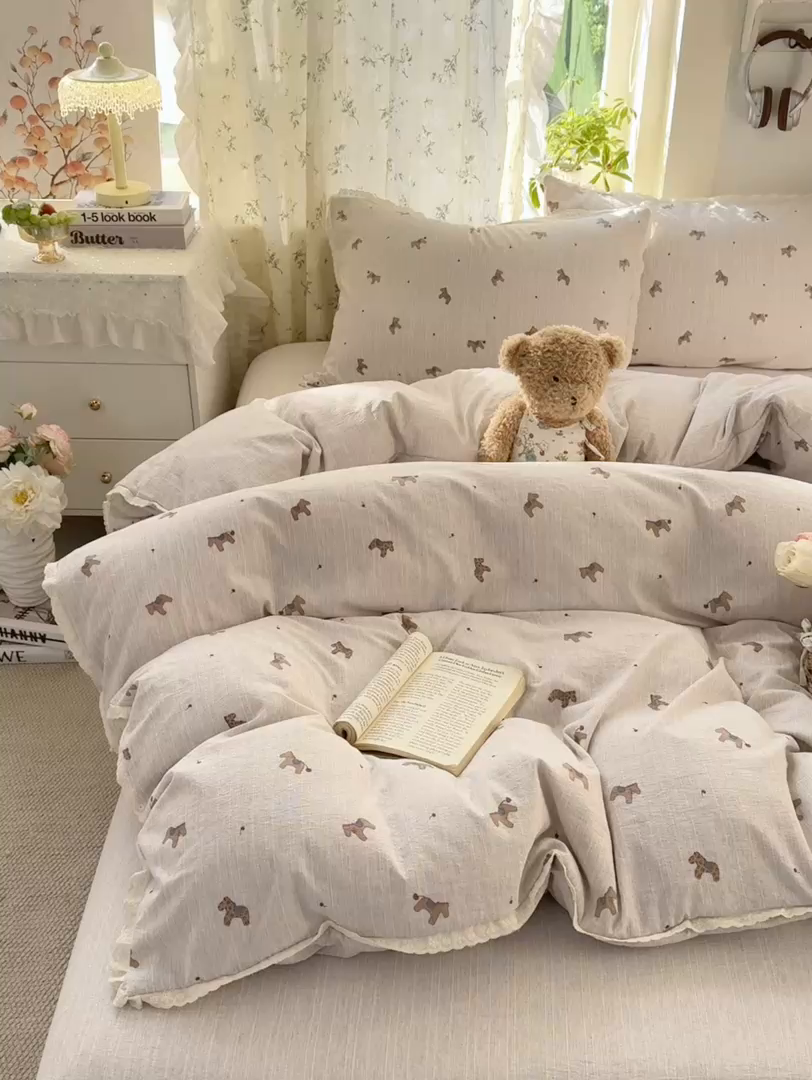 91家纺网 家纺一手货源 找家纺 优贝家纺 2026春夏新款韩系小花边高克重加厚色织提花韩版四件套 童趣小马