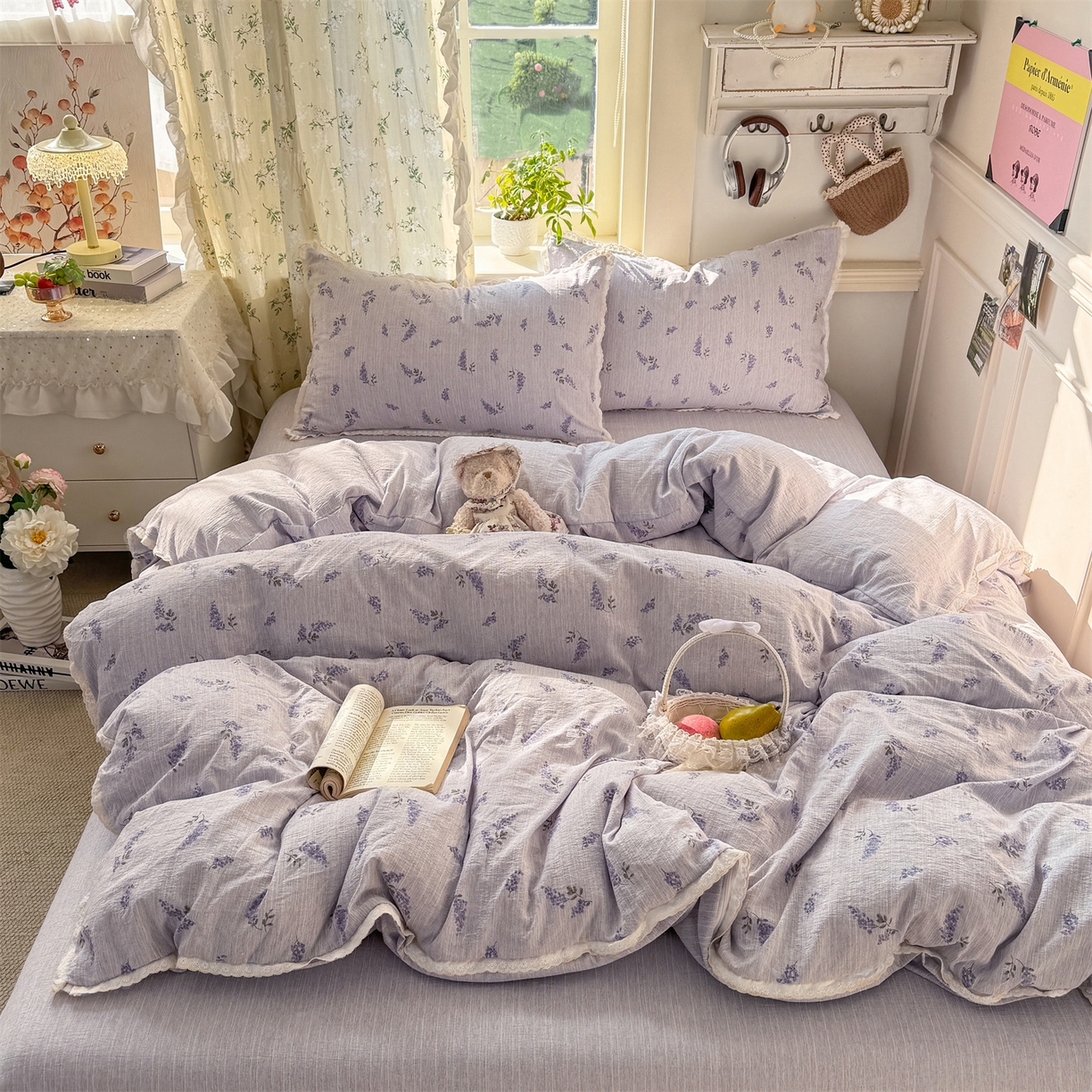 91家纺网 家纺一手货源 找家纺 优贝家纺 2026春夏新款韩系小花边高克重加厚色织提花韩版四件套 薰衣草之梦