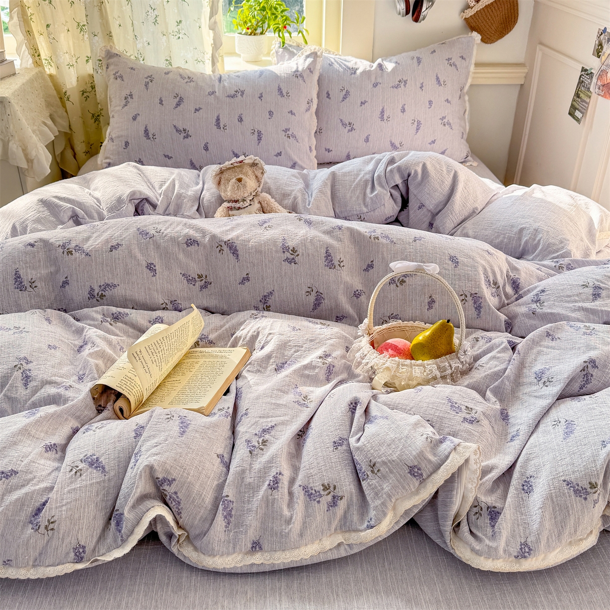 91家纺网 家纺一手货源 找家纺 优贝家纺 2026春夏新款韩系小花边高克重加厚色织提花韩版四件套 薰衣草之梦