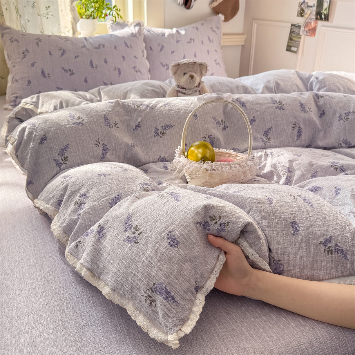 91家纺网 家纺一手货源 找家纺 优贝家纺 2026春夏新款韩系小花边高克重加厚色织提花韩版四件套 薰衣草之梦