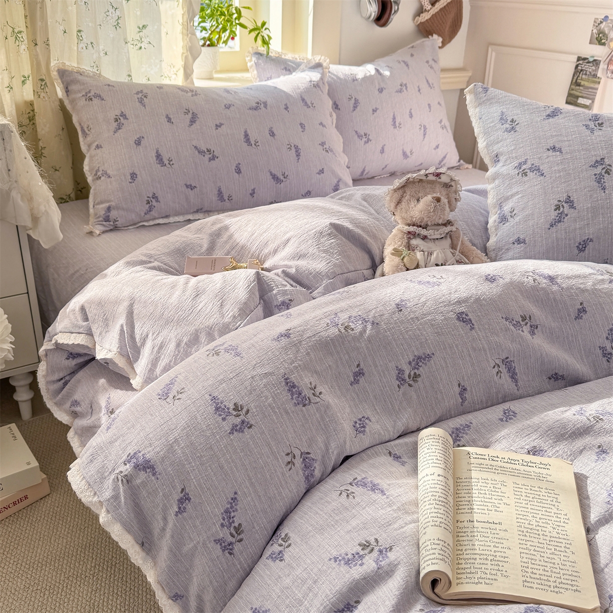 91家纺网 家纺一手货源 找家纺 优贝家纺 2026春夏新款韩系小花边高克重加厚色织提花韩版四件套 薰衣草之梦