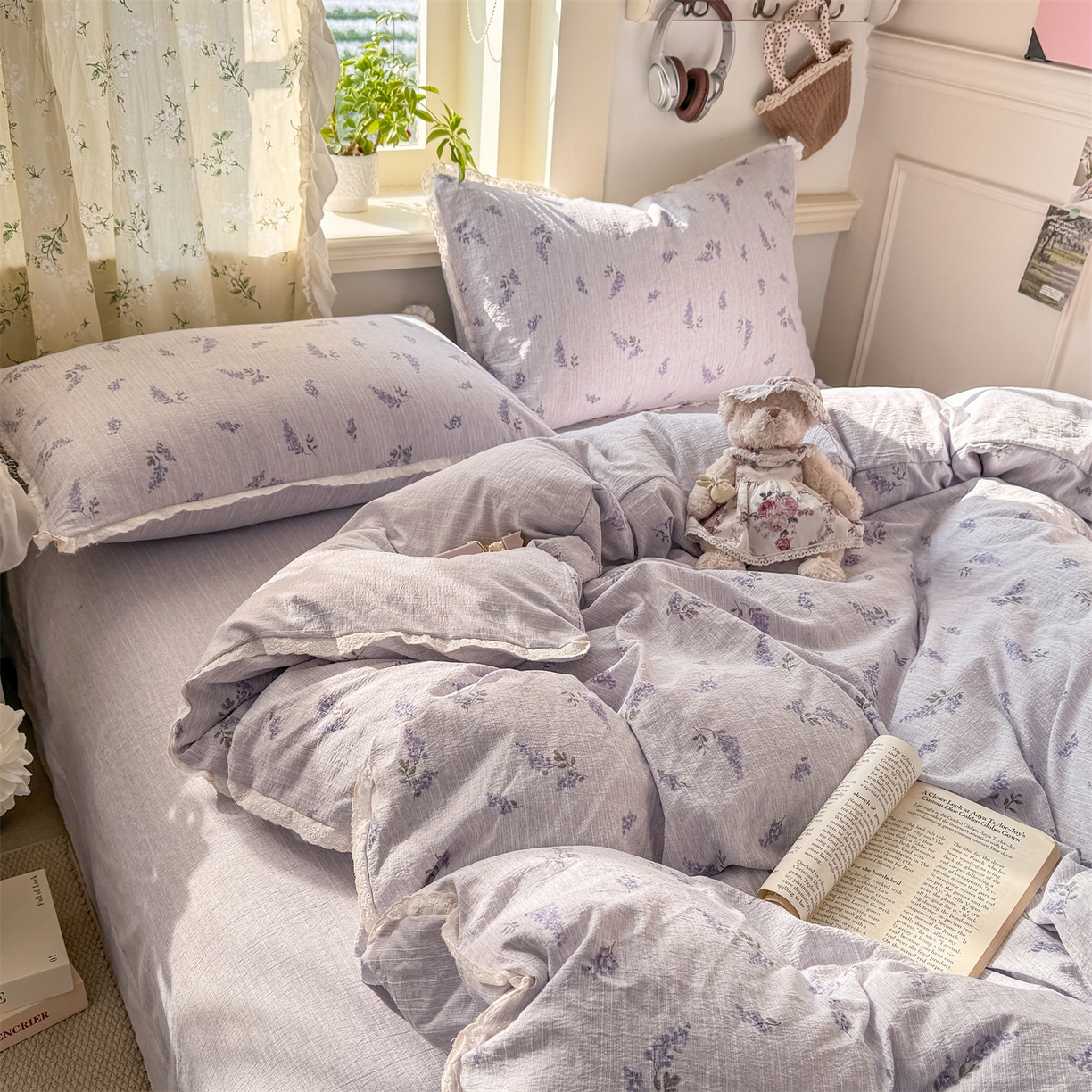 91家纺网 家纺一手货源 找家纺 优贝家纺 2026春夏新款韩系小花边高克重加厚色织提花韩版四件套 薰衣草之梦