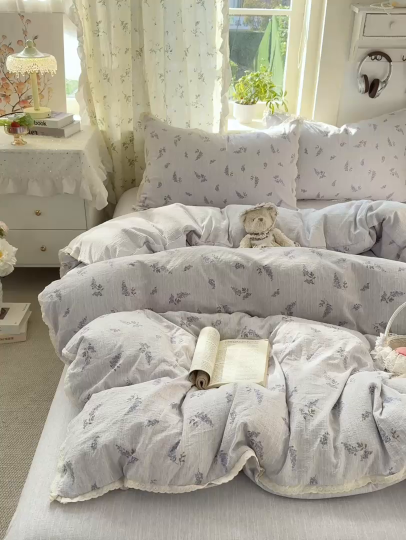 91家纺网 家纺一手货源 找家纺 优贝家纺 2026春夏新款韩系小花边高克重加厚色织提花韩版四件套 薰衣草之梦