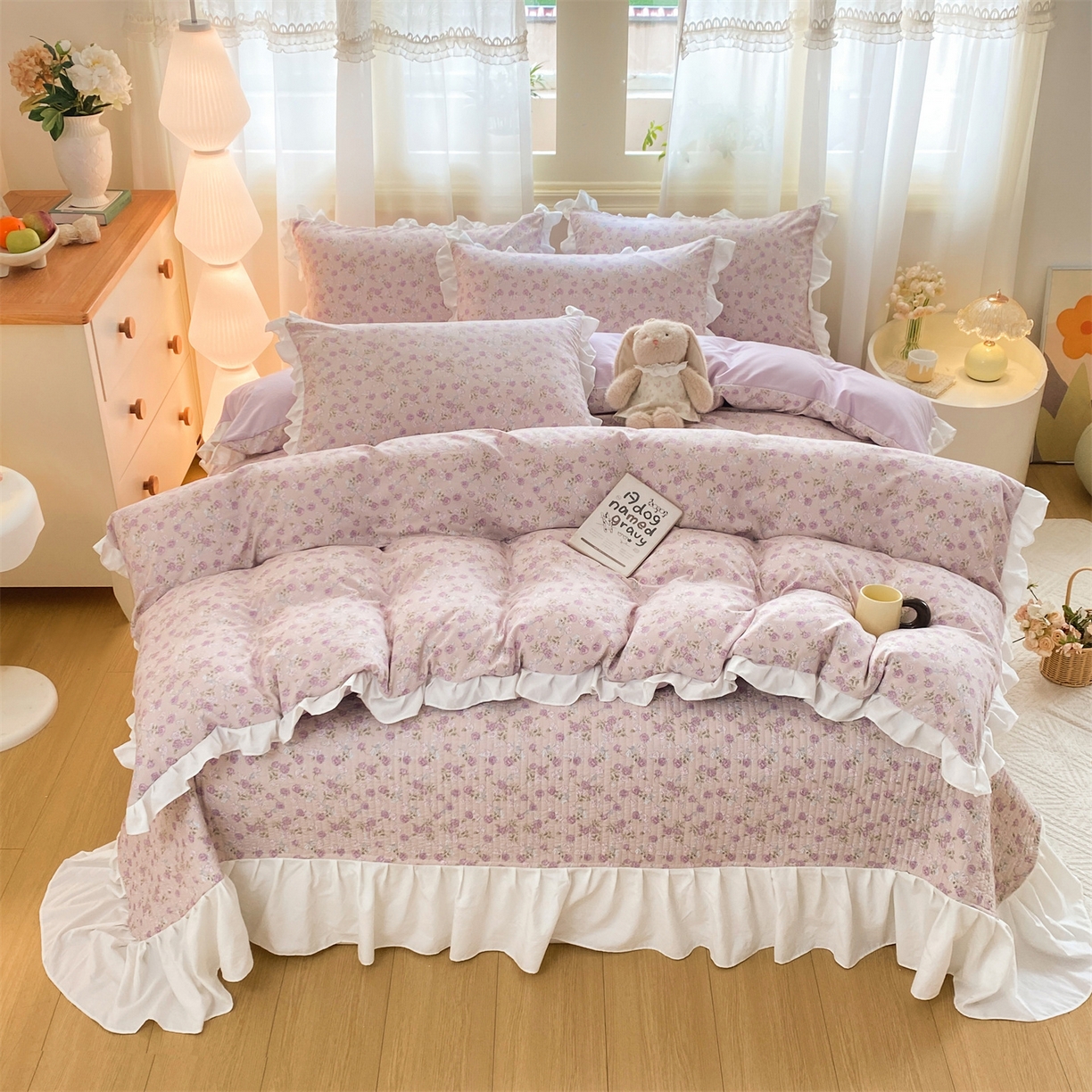 91家纺网 家纺一手货源 找家纺 优贝家纺 2026春夏新款韩系小清新水洗棉古法棉夹棉床盖四件套-风格一 芋雾花眠