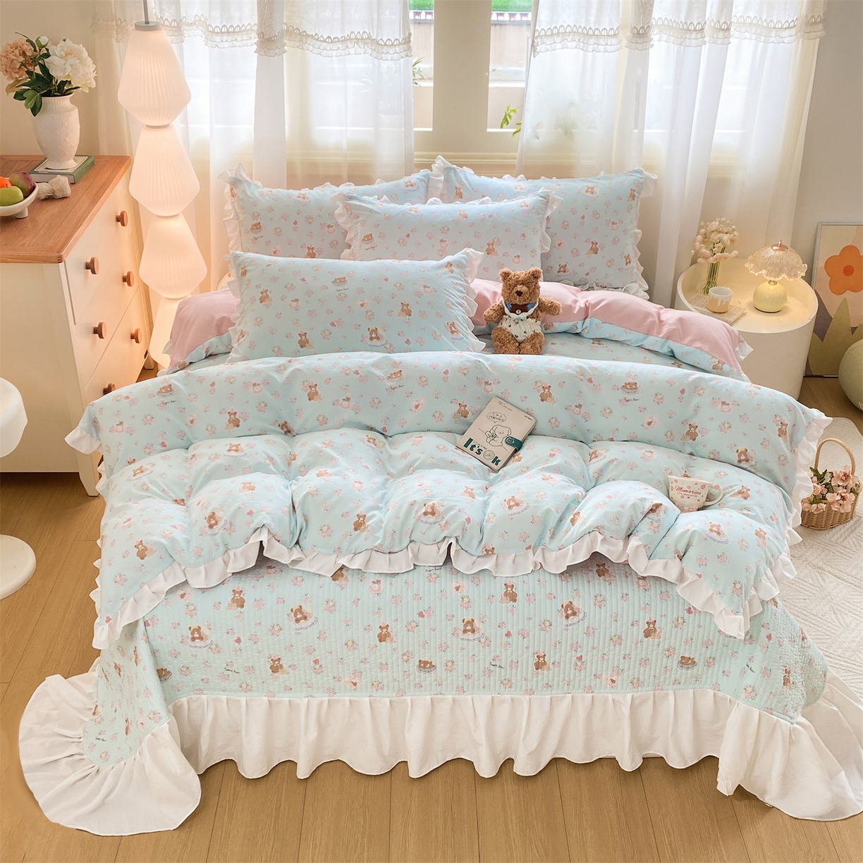 91家纺网 家纺一手货源 找家纺 （总）优贝家纺 2026春夏新款韩系小清新水洗棉古法棉夹棉床盖四件套-风格一