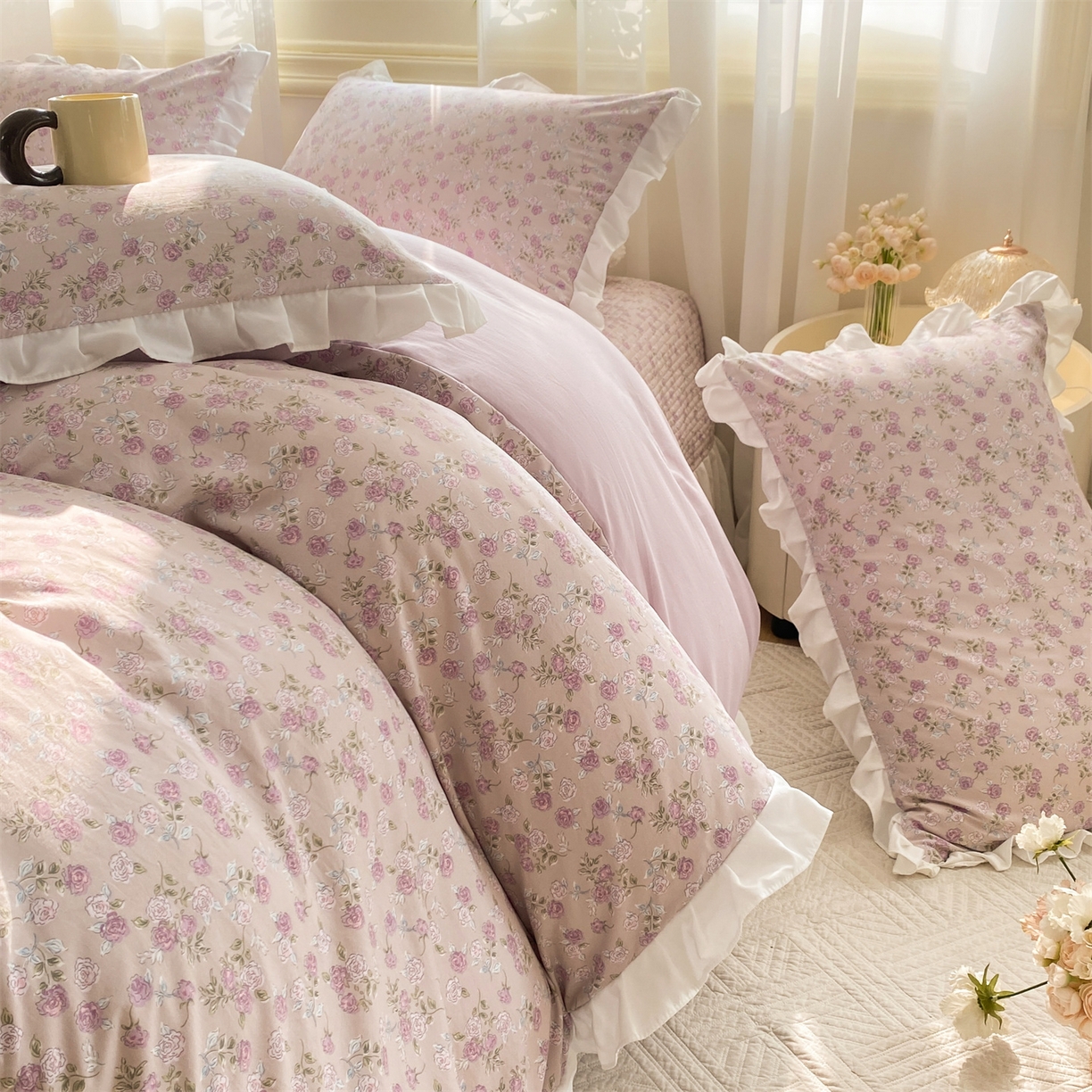 91家纺网 家纺一手货源 找家纺 优贝家纺 2026春夏新款韩系小清新水洗棉古法棉夹棉床盖四件套-风格一 芋雾花眠