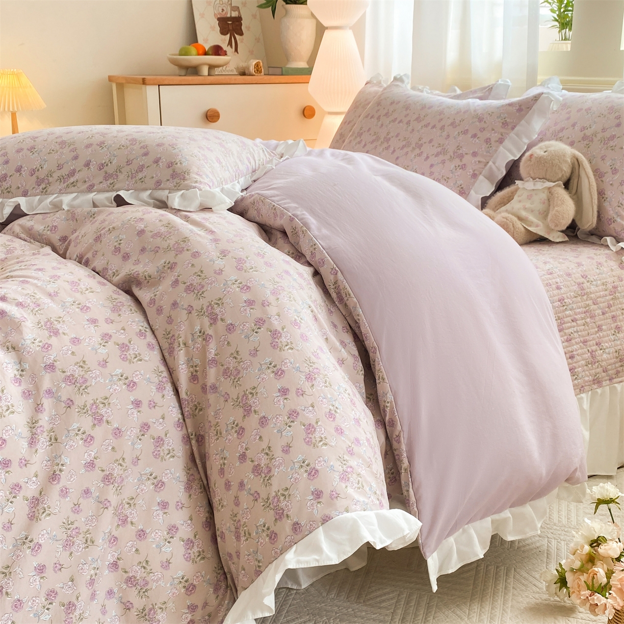 91家纺网 家纺一手货源 找家纺 优贝家纺 2026春夏新款韩系小清新水洗棉古法棉夹棉床盖四件套-风格一 芋雾花眠