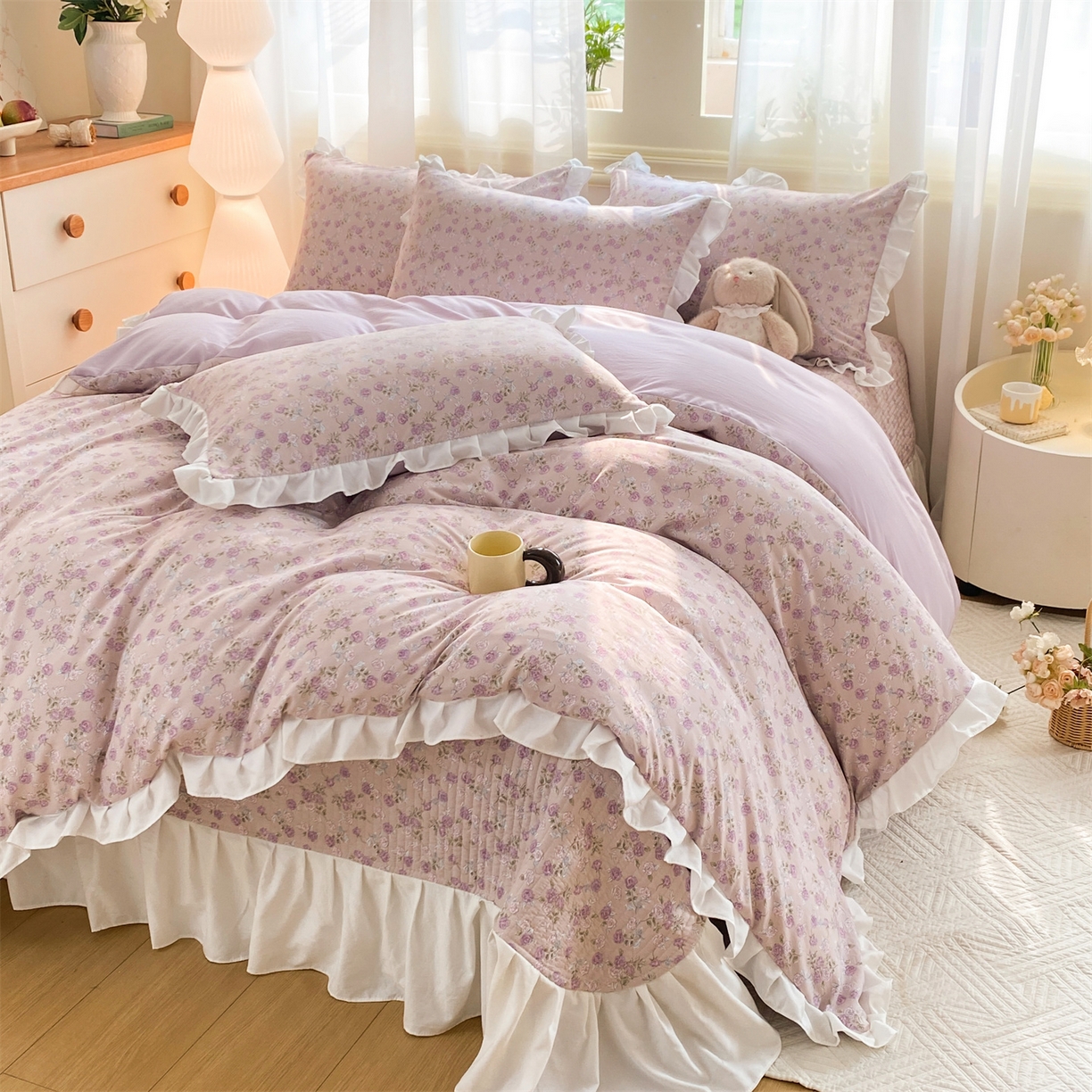 91家纺网 家纺一手货源 找家纺 优贝家纺 2026春夏新款韩系小清新水洗棉古法棉夹棉床盖四件套-风格一 芋雾花眠