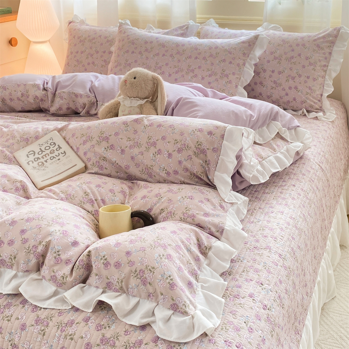 91家纺网 家纺一手货源 找家纺 优贝家纺 2026春夏新款韩系小清新水洗棉古法棉夹棉床盖四件套-风格一 芋雾花眠