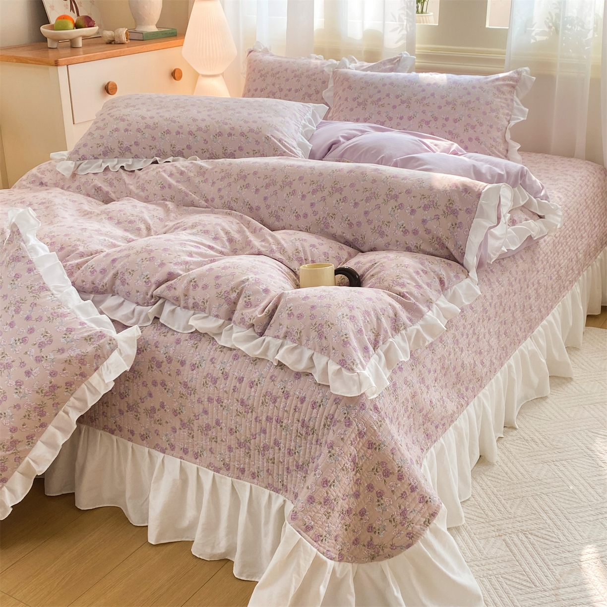 91家纺网 家纺一手货源 找家纺 优贝家纺 2026春夏新款韩系小清新水洗棉古法棉夹棉床盖四件套-风格一 芋雾花眠