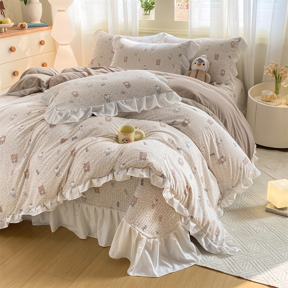 91家纺网 家纺一手货源 找家纺 优贝家纺 2026春夏新款韩系小清新水洗棉古法棉夹棉床盖四件套-风格一 奶咖萌兔