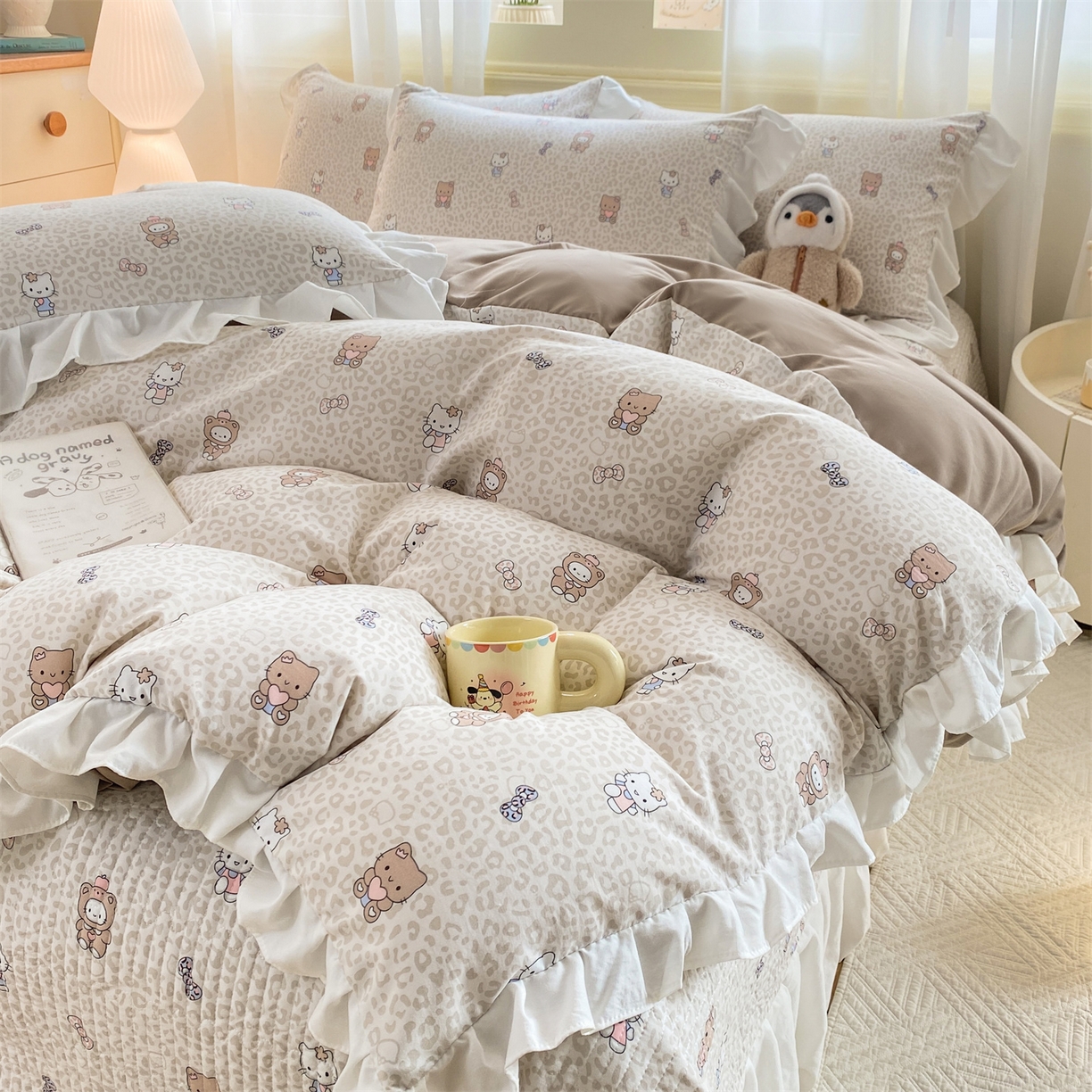 91家纺网 家纺一手货源 找家纺 优贝家纺 2026春夏新款韩系小清新水洗棉古法棉夹棉床盖四件套-风格一 奶咖萌兔