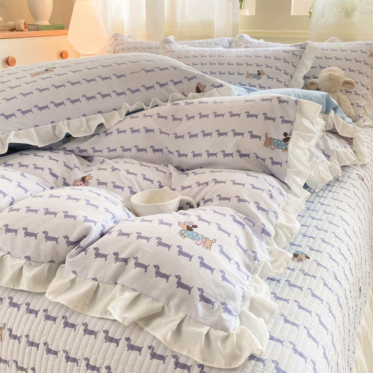 91家纺网 家纺一手货源 找家纺 优贝家纺 2026春夏新款韩系小清新水洗棉古法棉夹棉床盖四件套-风格一 时尚萌犬