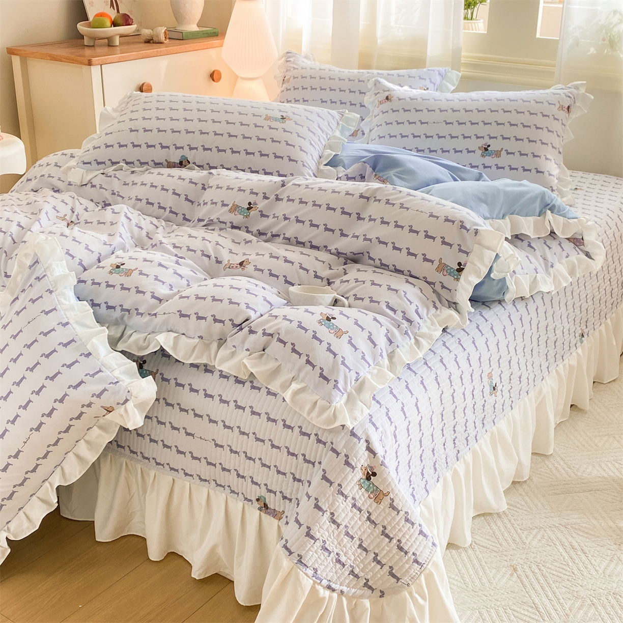 91家纺网 家纺一手货源 找家纺 优贝家纺 2026春夏新款韩系小清新水洗棉古法棉夹棉床盖四件套-风格一 时尚萌犬