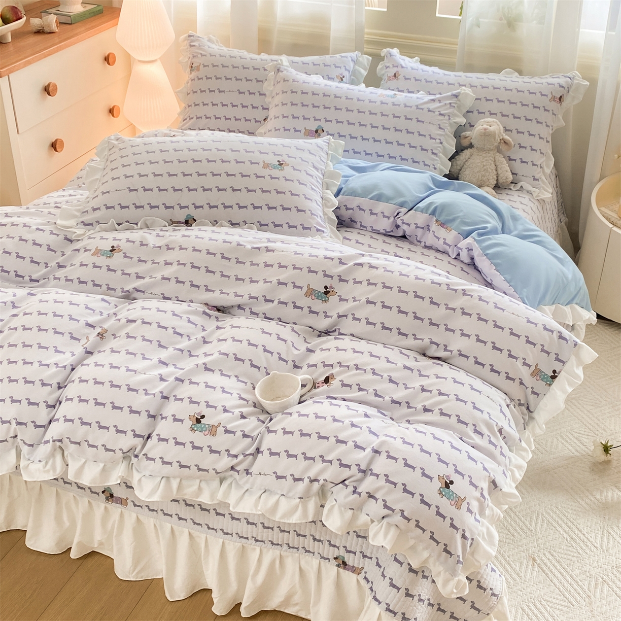 91家纺网 家纺一手货源 找家纺 优贝家纺 2026春夏新款韩系小清新水洗棉古法棉夹棉床盖四件套-风格一 时尚萌犬