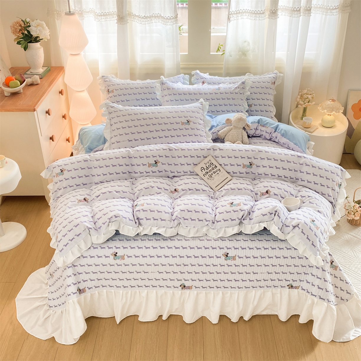 优贝家纺 2026春夏新款韩系小清新水洗棉古法棉夹棉床盖四件套-风格一 时尚萌犬