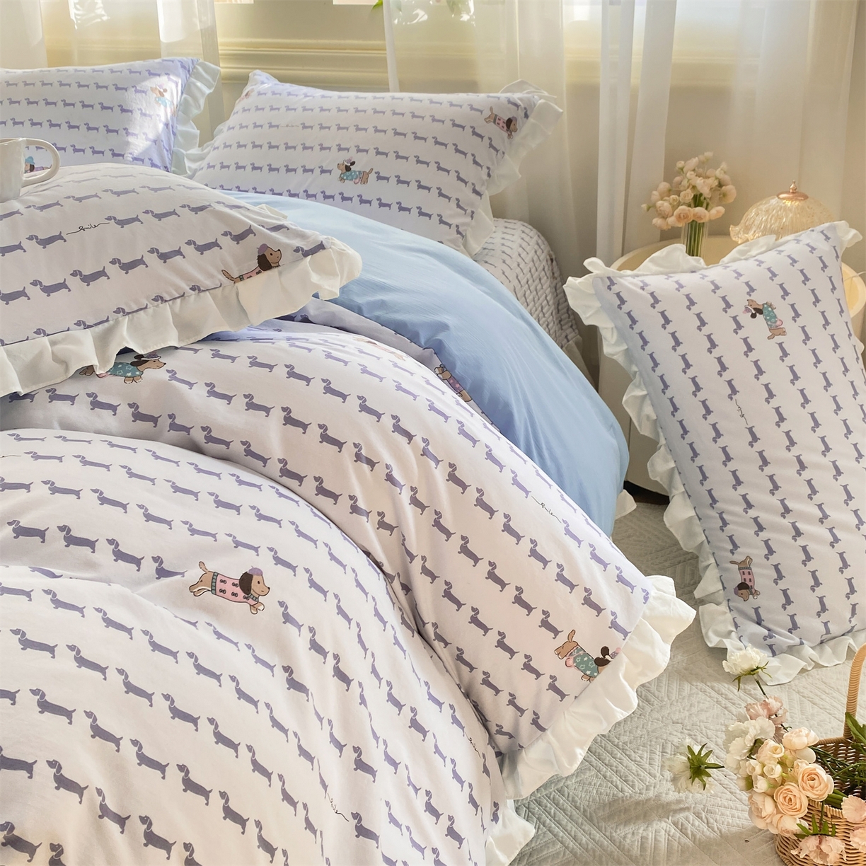 91家纺网 家纺一手货源 找家纺 优贝家纺 2026春夏新款韩系小清新水洗棉古法棉夹棉床盖四件套-风格一 时尚萌犬