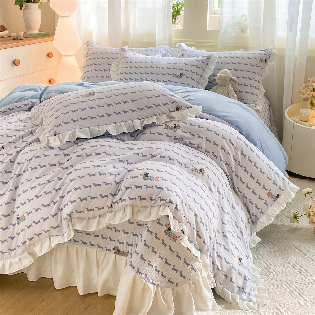 91家纺网 家纺一手货源 找家纺 优贝家纺 2026春夏新款韩系小清新水洗棉古法棉夹棉床盖四件套-风格一 时尚萌犬