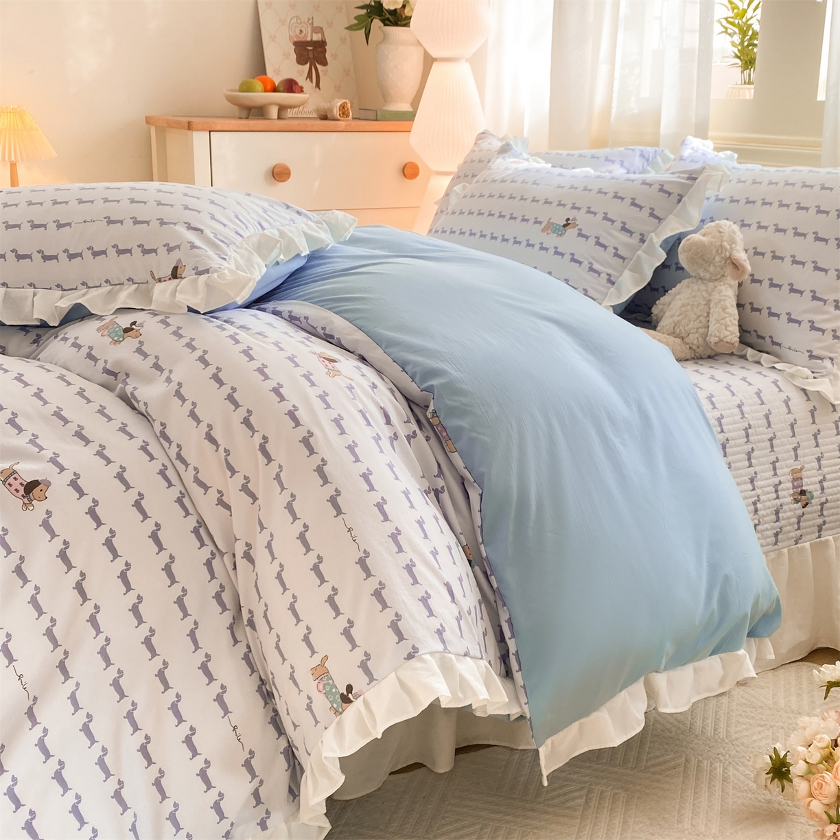 91家纺网 家纺一手货源 找家纺 优贝家纺 2026春夏新款韩系小清新水洗棉古法棉夹棉床盖四件套-风格一 时尚萌犬