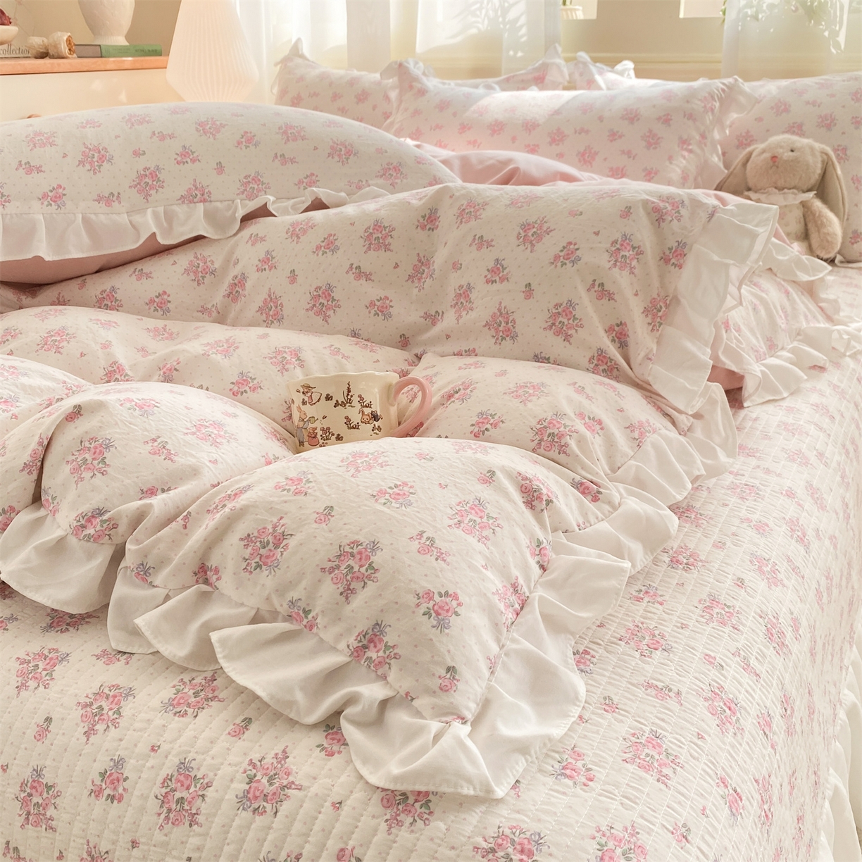 91家纺网 家纺一手货源 找家纺 优贝家纺 2026春夏新款韩系小清新水洗棉古法棉夹棉床盖四件套-风格一 桃粉花漾
