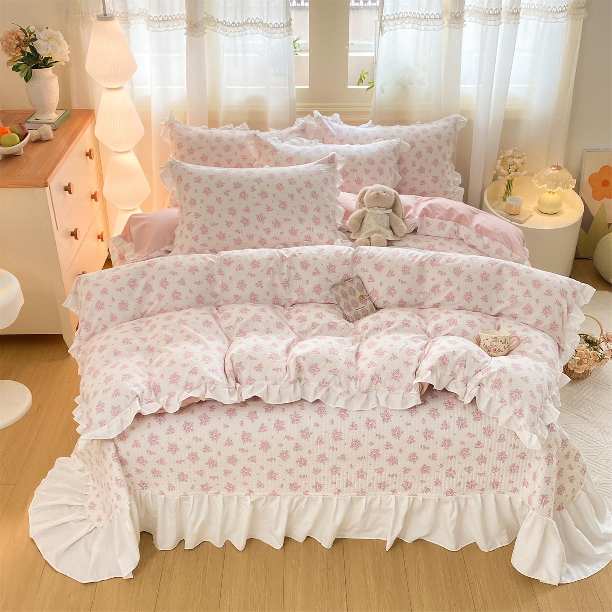 优贝家纺 2026春夏新款韩系小清新水洗棉古法棉夹棉床盖四件套-风格一 桃粉花漾